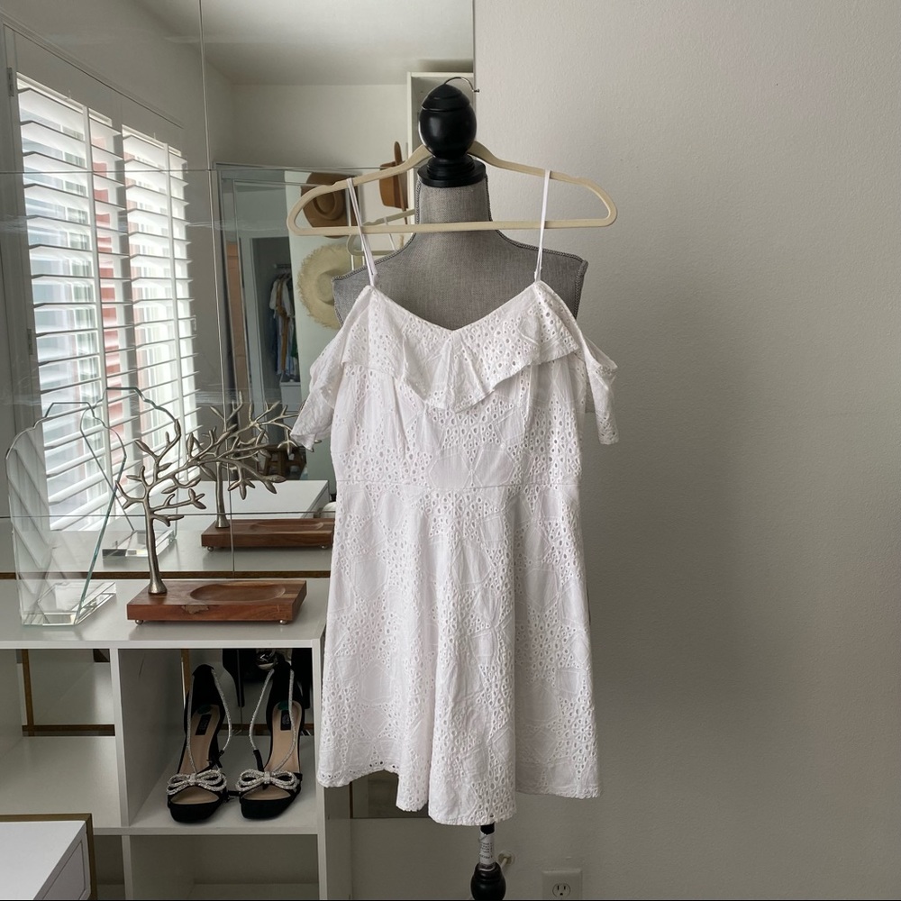 White eyelet dress with cold shoulder details